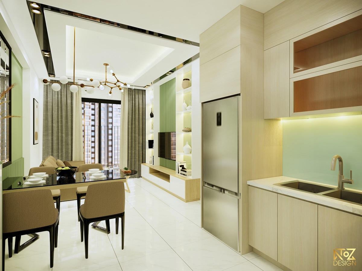 Không gian bếp, bàn ăn và phòng khách được thiết kế giúp tiết kiệm diện tích