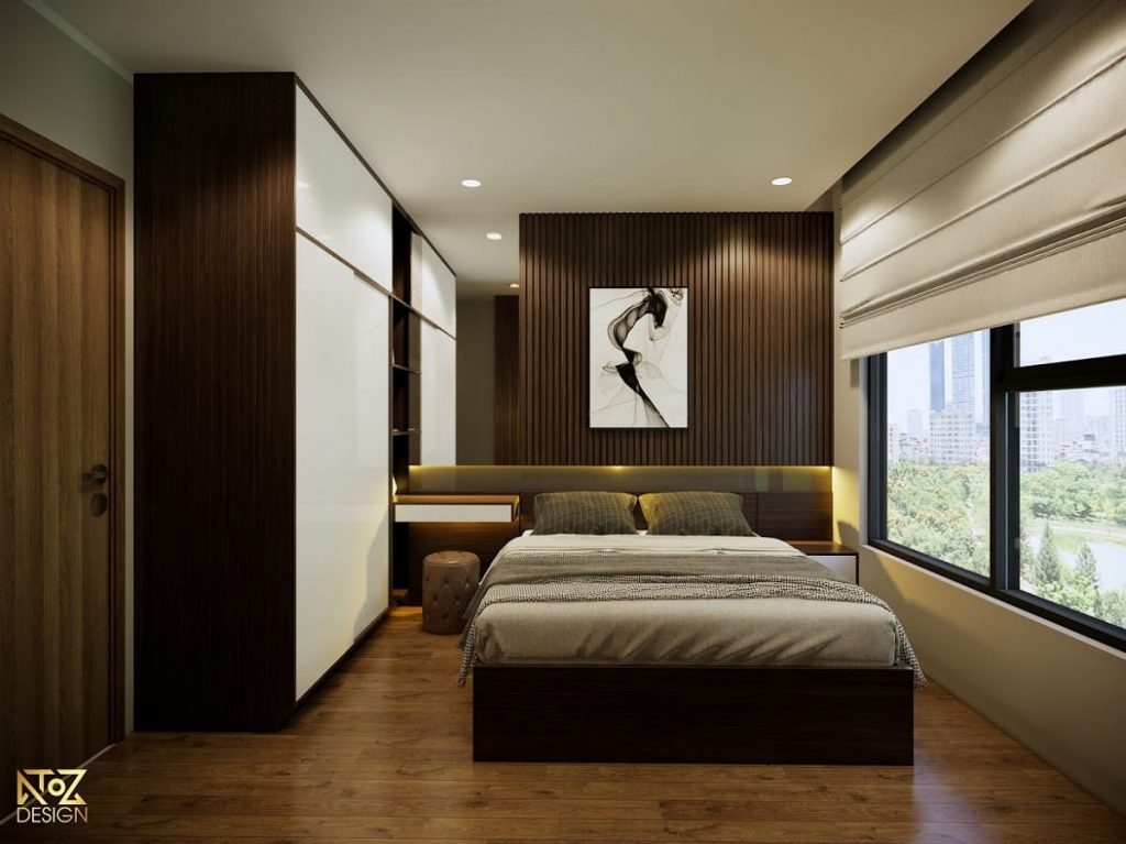 Phòng ngủ được thiết kế với tông màu nâu trầm ấm, sang trọng