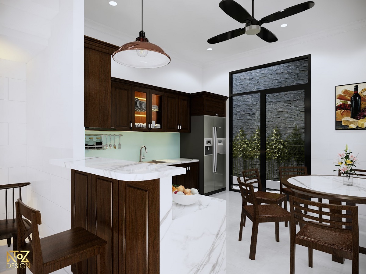 Không gian phòng bếp được thiết kế vô cùng giản dị