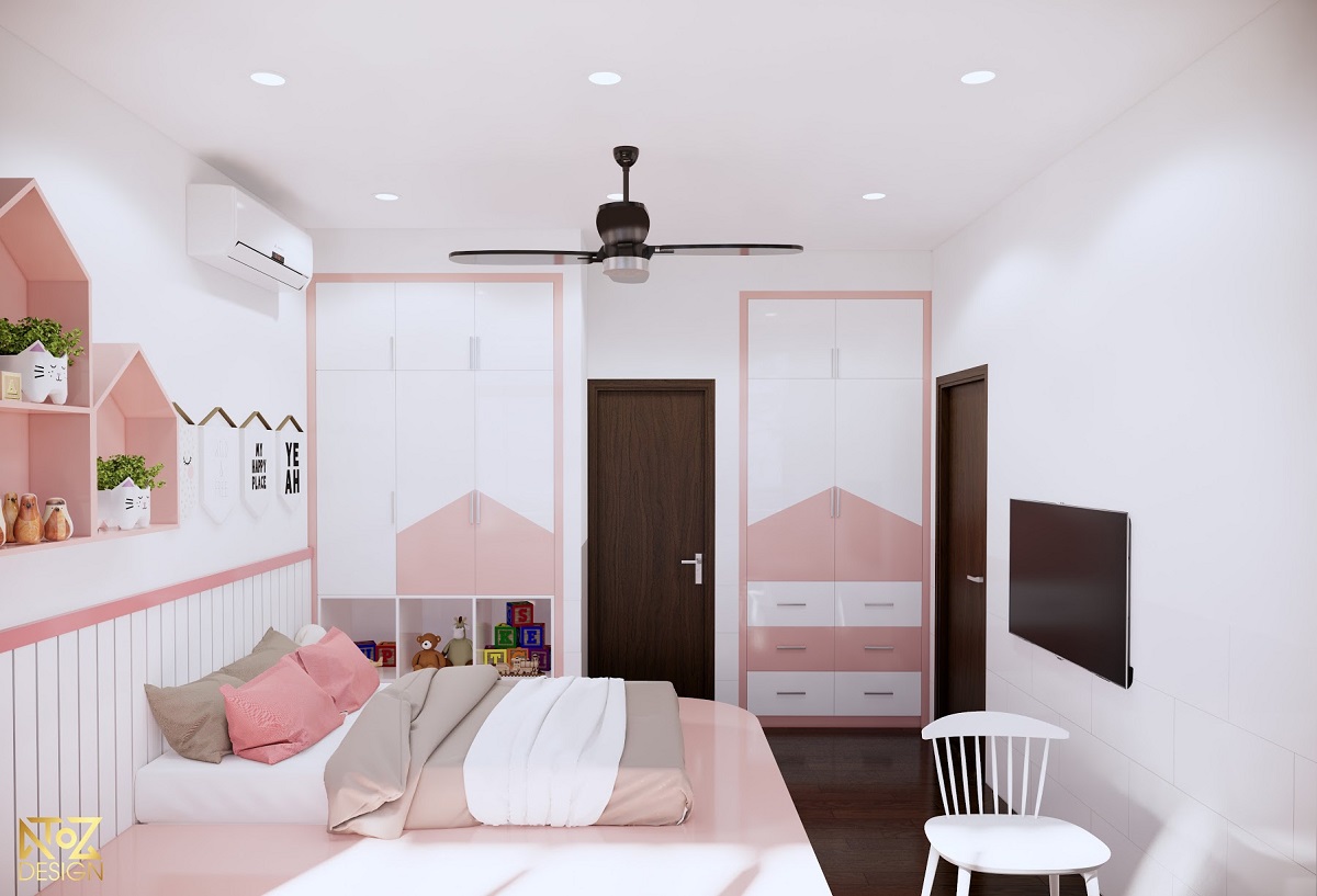 Phòng ngủ bé gai được thiết kế với tông màu hồng nữ tính