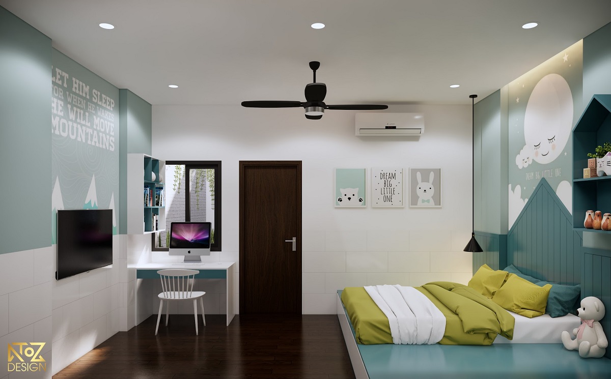 Phòng ngủ bé trai với tông màu xanh hài hòa và cá tính