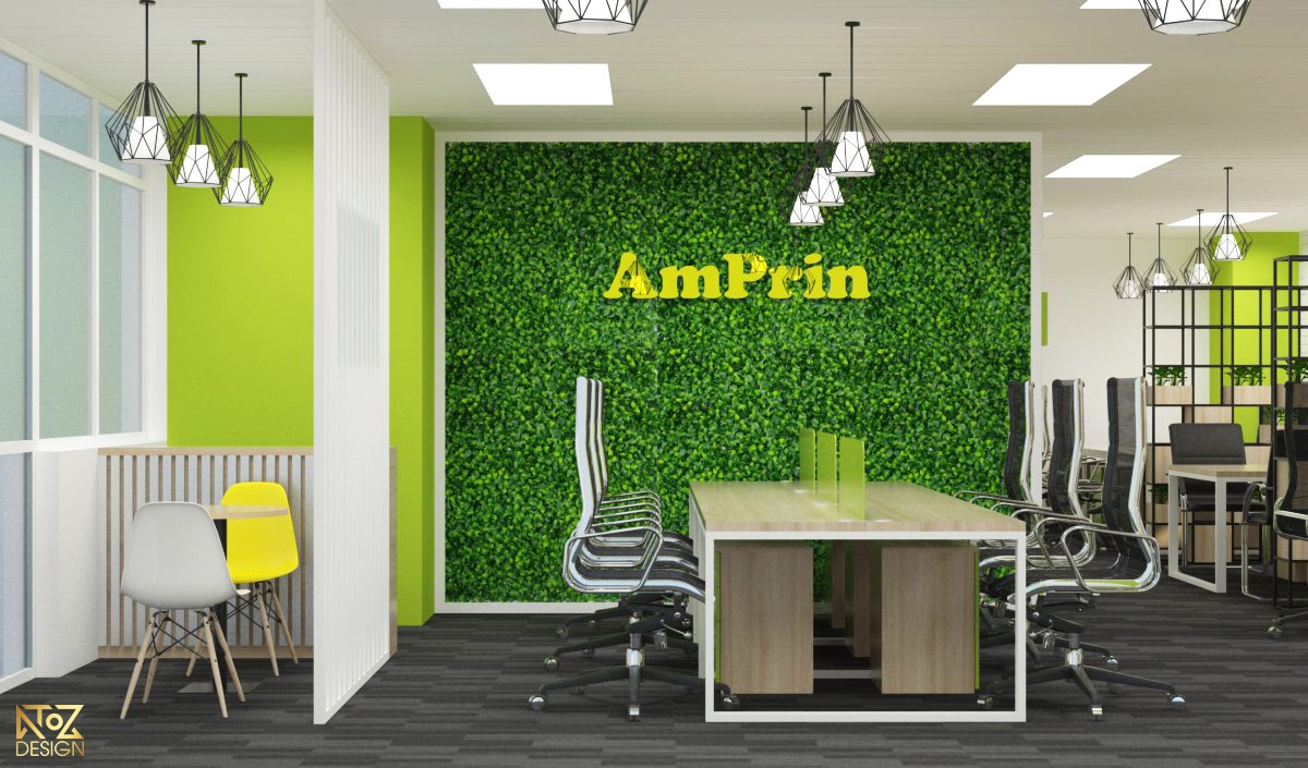 Logo thương hiệu Amprin vô cùng nổi bật với tông màu xanh lá cây
