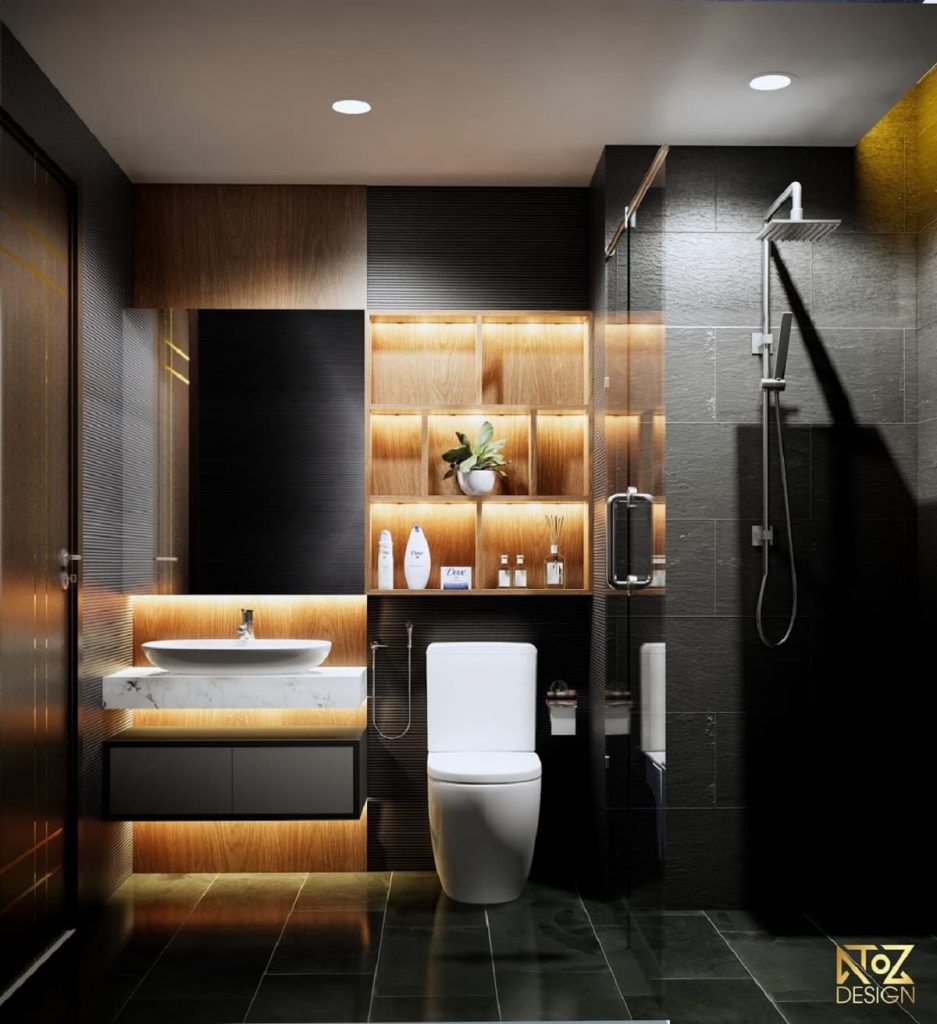 Không gian phòng tắm, nhà vệ sinh được tích hợp chung cùng một thiết kế, nội thất cực kỳ bắt mắt
